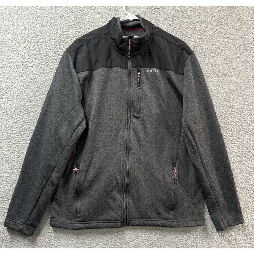 ORVIS Jacket Mens L  Gray Black Logo Pockets Mock Neck